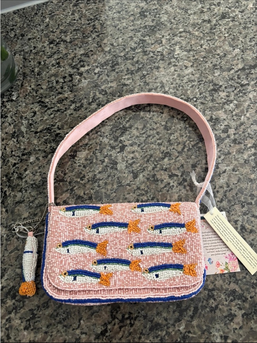 Beaded Fish Motif Shoulder Bag - Pink